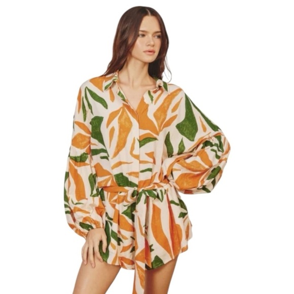 Dress Forum LA Orange Green Dropped Waist Collared Elasticized Sleeves Romper - Picture 1 of 16